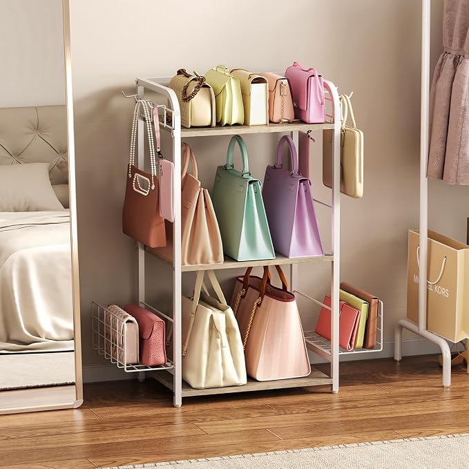 White Purse Organizer, 3-Tier Floor Standing Bag Rack Stand Featuring Side - Image 2