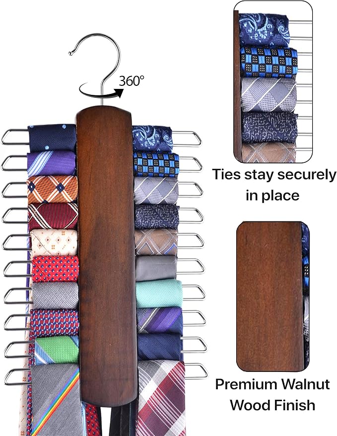 Umo Lorenzo Premium Wooden Necktie and Belt Hanger, Walnut Wood Center - Image 3