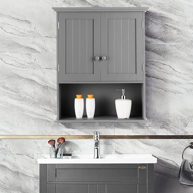 Tangkula Wall Mount Bathroom Cabinet Wooden Medicine Cabinet Storage Organizer - Image 2