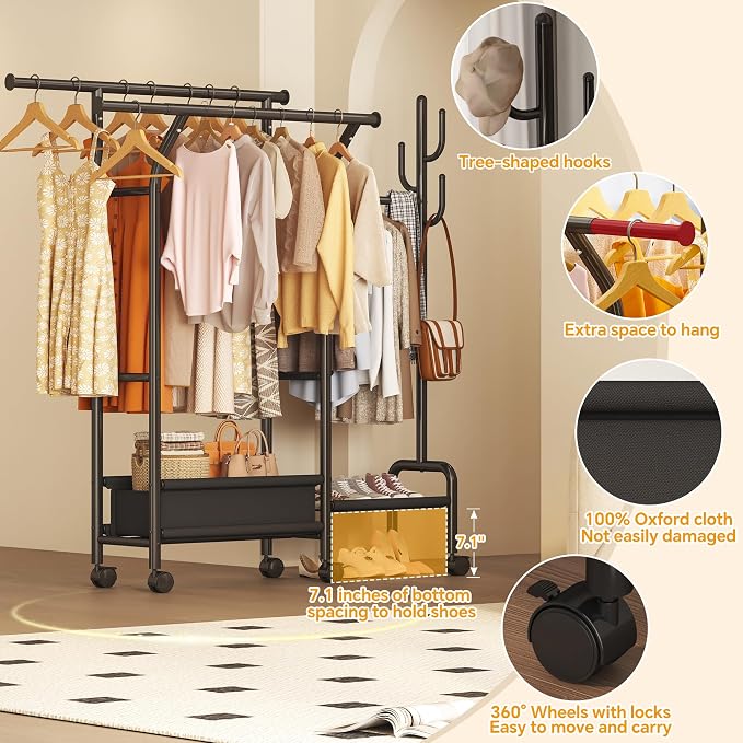 Homeiju Heavy Duty Clothes Rack Load 500LBS, Three Rods Clothing Racks - Image 4