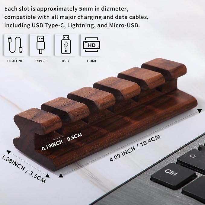 Walnut Wood Cord Holder – 5 Slots Cable Organizer - Image 2