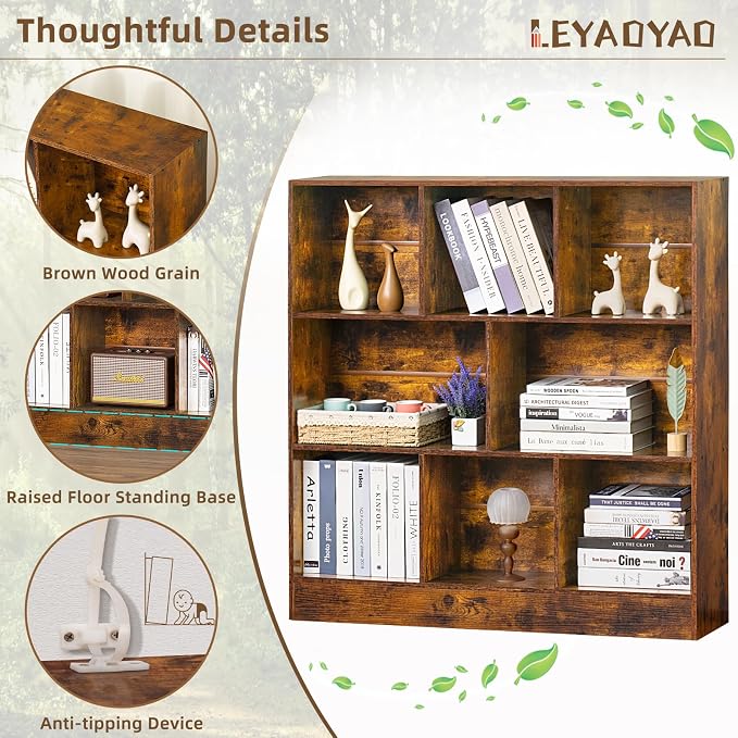 LEYAOYAO 8 Cube Bookshelf with Base, 3 Tier Mid-Century Modern Brown Bookcase - Image 6