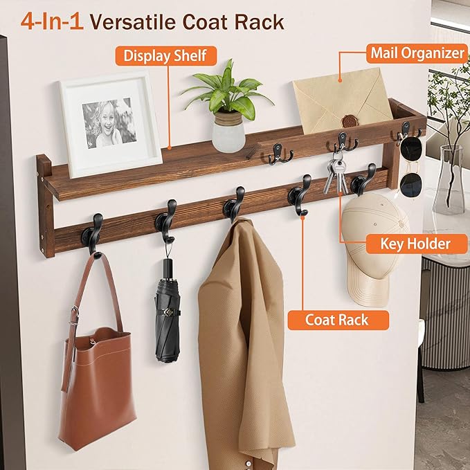 29'' Coat Rack Wall Mount with Shelf, Coat Hanger Wall Mount with Key Hooks and - Image 2