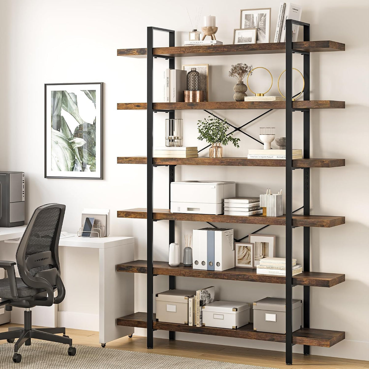 Heavy Duty 6 Tier Industrial Bookcase for Home Office, Rustic Brown