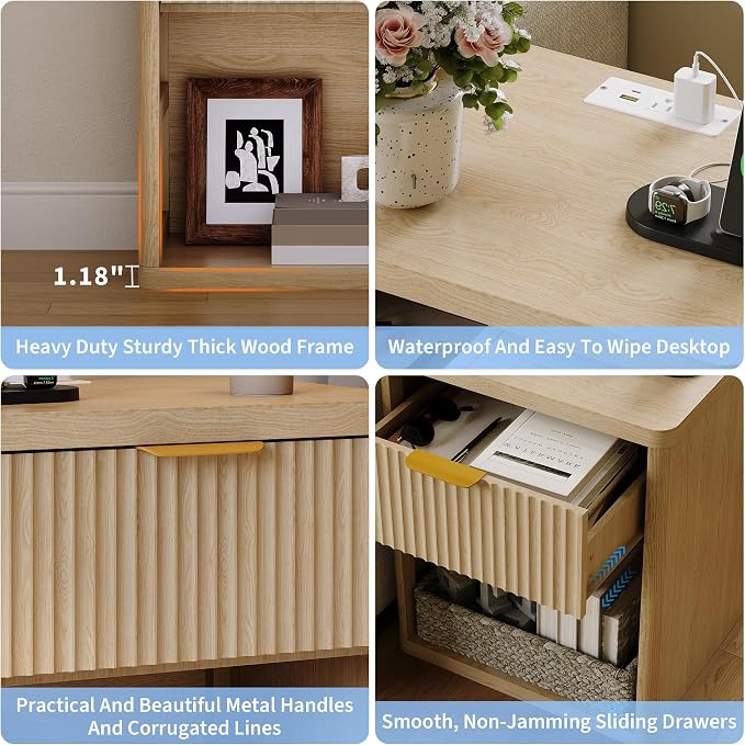 Fluted Nightstand with Charging Station, Bedside Table with Drawers and Open - Image 6