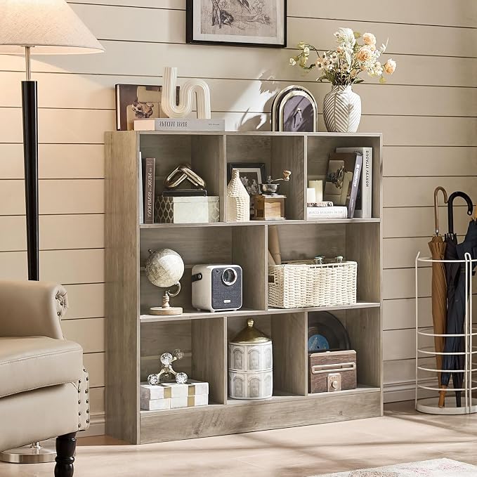 LEYAOYAO 8 Cube Bookshelf with Base, 3 Tier Mid-Century Modern Grey Bookcase - Image 4