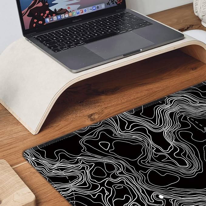 Black with White Topographic Line Large Mouse Pad, Gaming Keyboard Desk Pad - Image 8