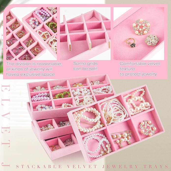 Junkin 12 Pcs Jewelry Tray Velvet Stackable Jewelry Organizer Trays Divided - Image 3