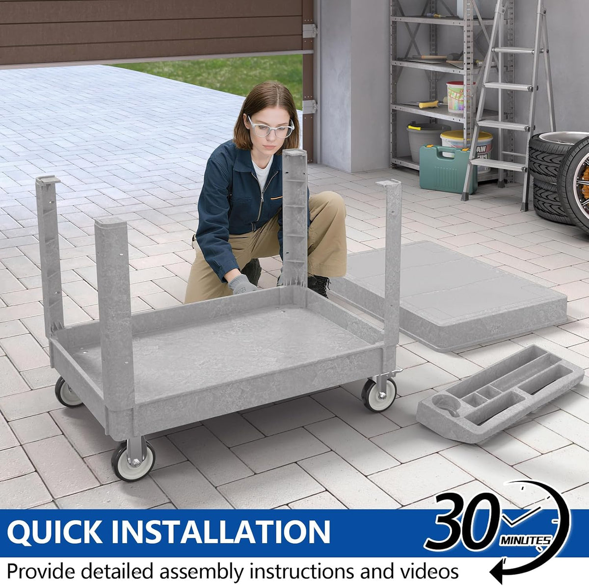 Large Garage Flat Top Utility Cart, Heavy Duty 2 Shelf Tool Cart