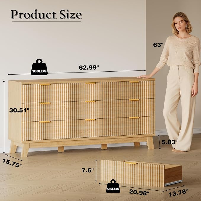 63" Long Dresser for Bedroom, 9-Drawer Fluted Dresser, Extra-Wide Wood Chest of - Image 2