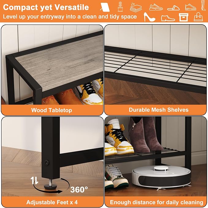 HOMEFORT 2 Tiers Shoe Bench, Retro Industrial Shoe Storage Bench - Image 8