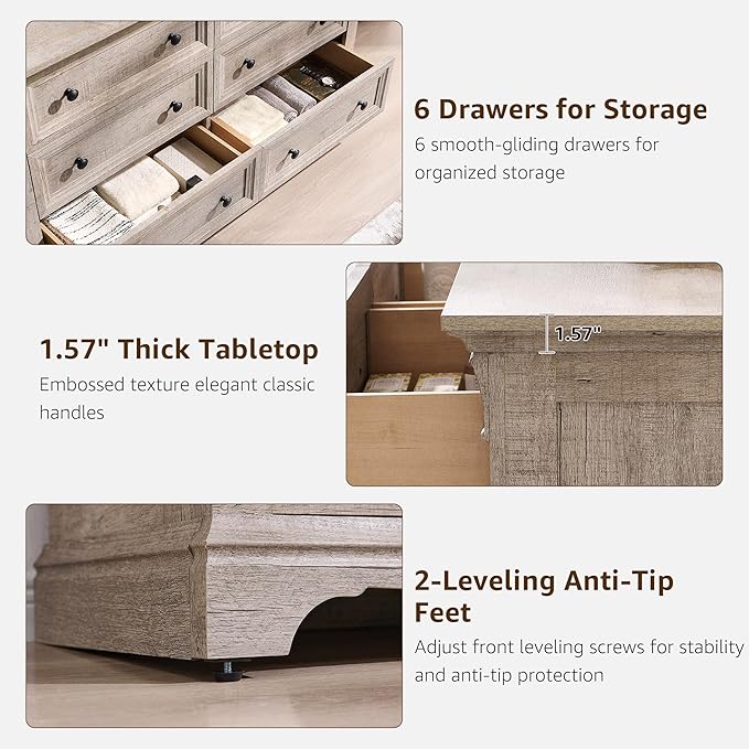 Farmhouse 6 Drawers Dresser for Bedroom, Wooden Dresser TV Stand - Image 5