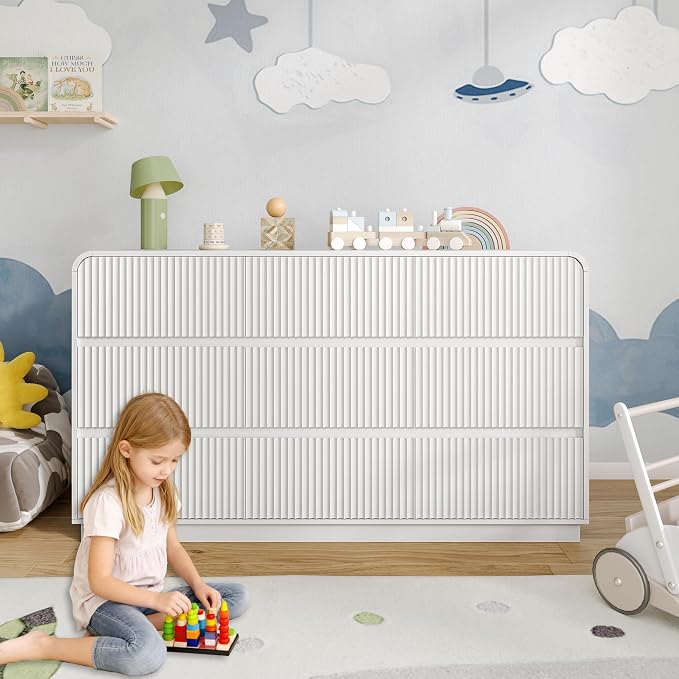 Dresser for Bedroom with 9 Drawers, Fluted Chest of Drawers with Round Curved - Image 7