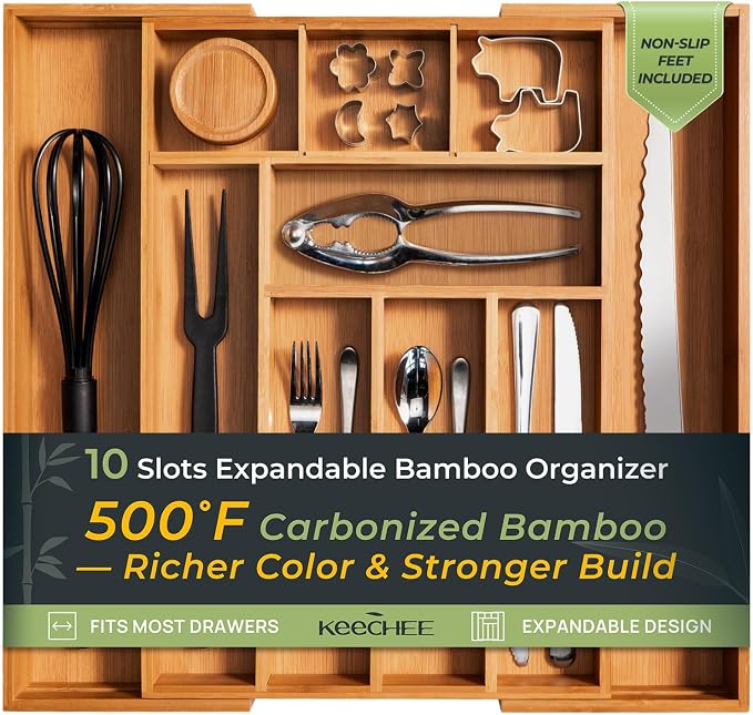 Carbonized Bamboo Kitchen Drawer Organizer, 10 Slots Expandable Silverware by Keechee