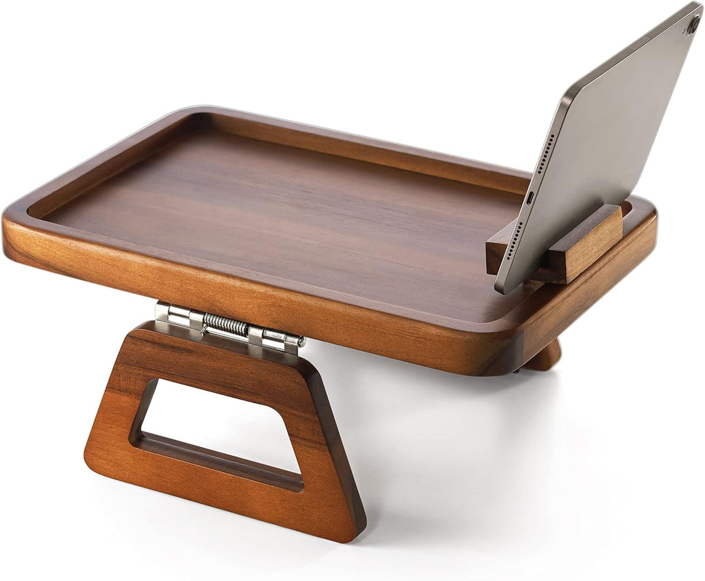 Large Acacia Sofa Arm Tray with Phone Holder, Clip-On Couch Table