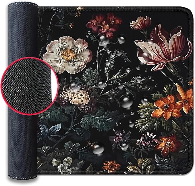 Vintage Aesthetic Mouse Pad, Extended Flower Plant Black Mousepad Desk Pad - Image 6