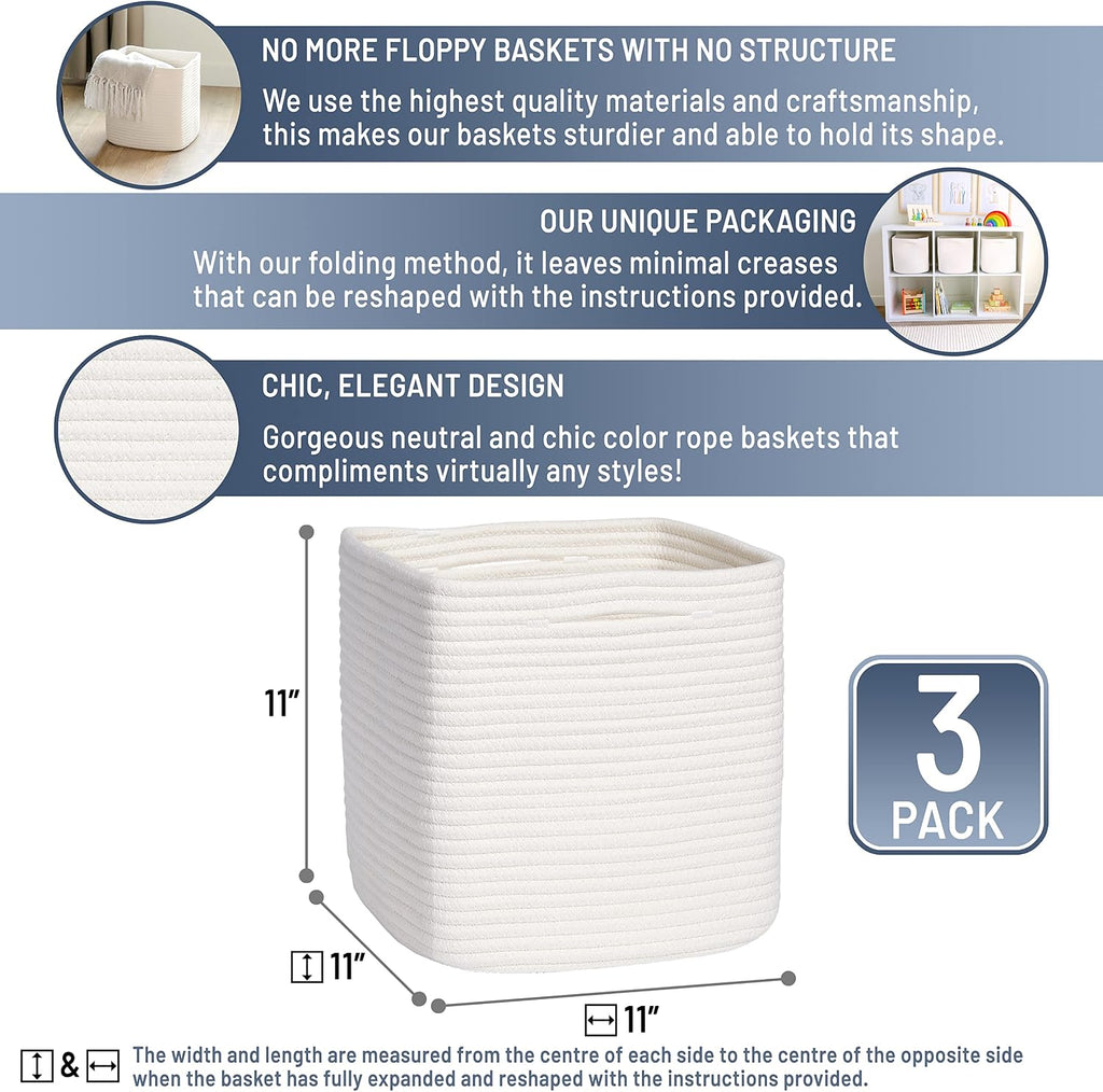 Storage Cubes 11 Inch Cotton Rope Woven Baskets for Organizing, 3-Pack
