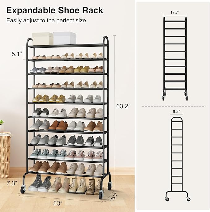 STO STO Expandable Shoe Rack, 10-Tier Metal Tall Shoe Rack - Image 3