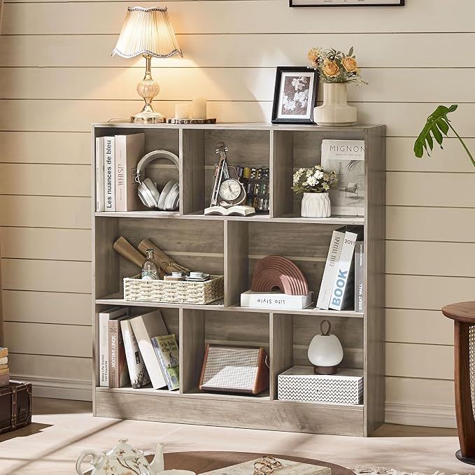 LEYAOYAO 8 Cube Bookshelf with Base, 3 Tier Mid-Century Modern Grey Bookcase - Image 3