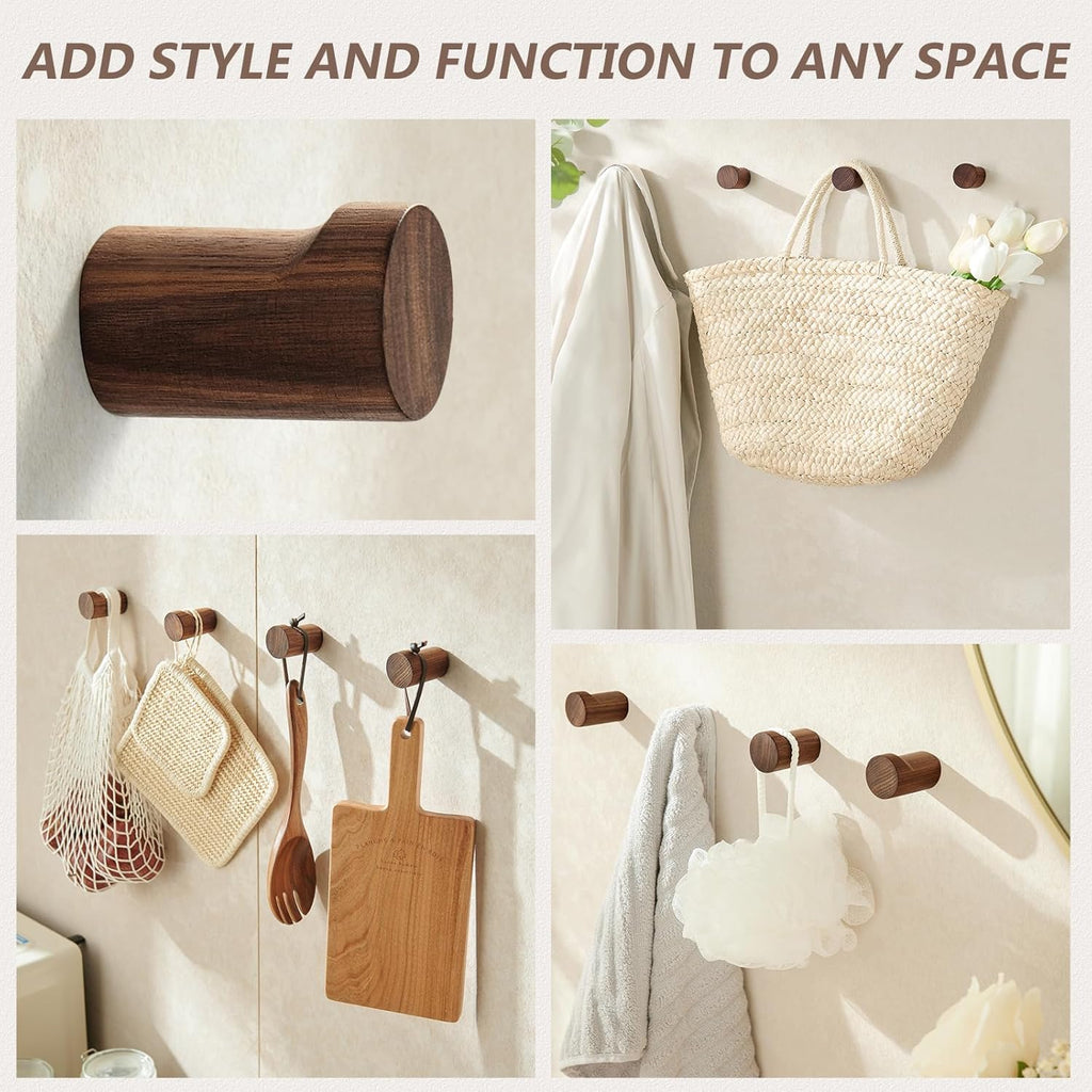 Wooden Wall Hooks 4 Pack, Modern Decorative Coat Hook Wall-Mount