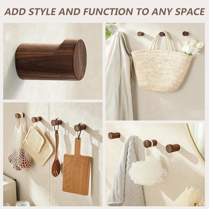 Wooden Wall Hooks 6 Pack, Modern Decorative Coat Hook Wall-Mount, Handmade - Image 4