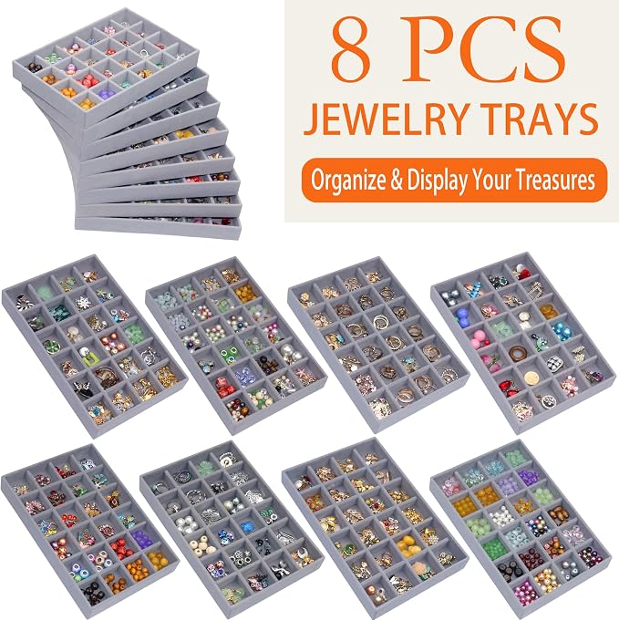 Stackable Jewelry Organizer Tray 24-Grid Velvet Jewelry Drawer Inserts Earring - Image 6