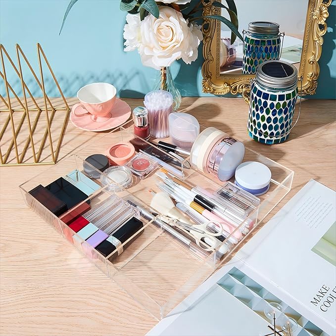 Chunful Clear Drawer Organizer 2 Pieces 6 Section Clear Desk Organizer - Image 5