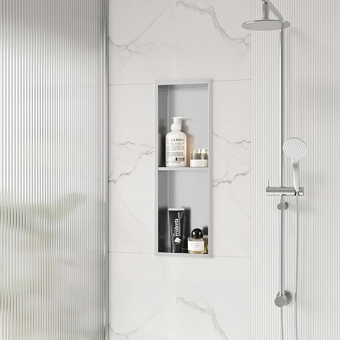 Stainless Steel Shower Niche 24" X 8", No Tile Needed Wall Niche Double Shelves by Qeke