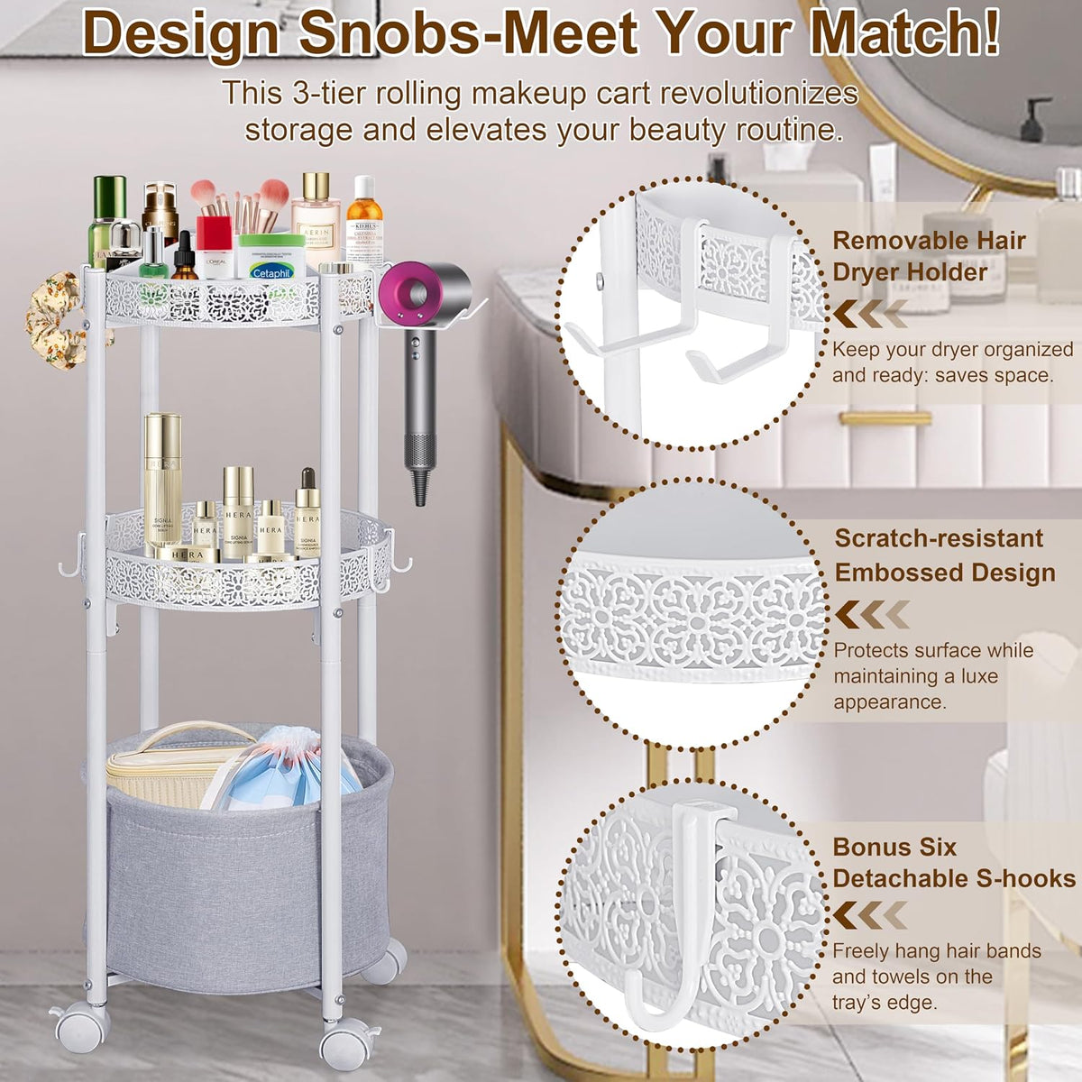 White Round Makeup Cart with Wheels, Rolling Vanity Organizer