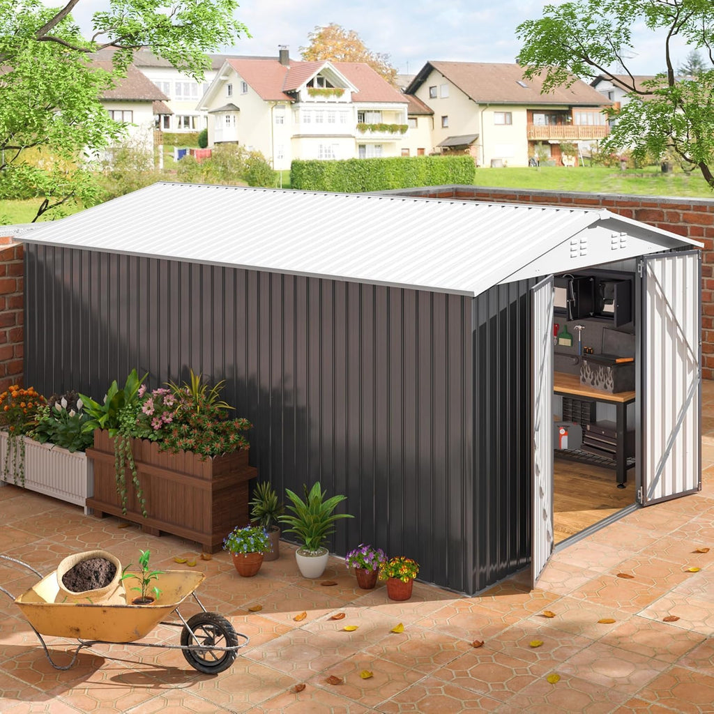 10x14 FT Metal Garden Storage Shed with Updated Frame Structure