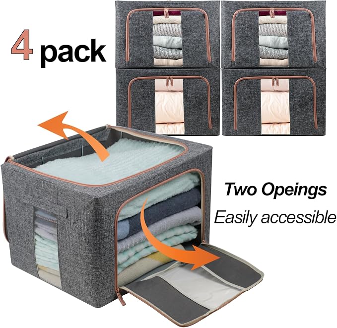 Linen Clothes Storage Bins, 2 Opening Ways Fabric Visible Lidded Storage Box - Image 4