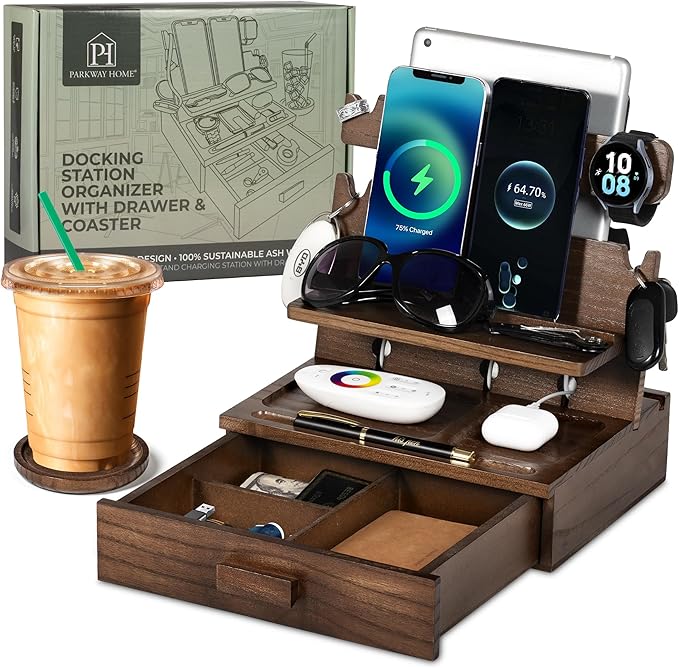 Wood Phone Docking Station for up to 3 Phones, Samsung Galaxy Watch Compatible by ParkwayHome