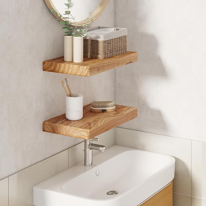 Fun Memories Rustic Solid Elm Wood Floating Shelves, 8 Inch Deep Wall Shelves - Image 2