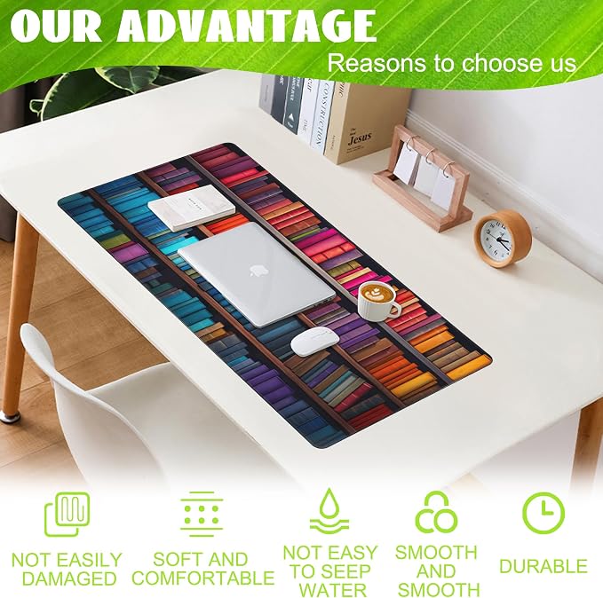 Large Gaming Mouse Pad for Desk, Bookshelves Full of Books Desk Mat, Colorful - Image 4