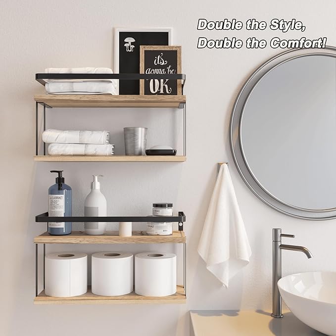 RICHER HOUSE Dual-Level Guardrail Floating Shelves, Rustic Wood Shelf Wall - Image 5