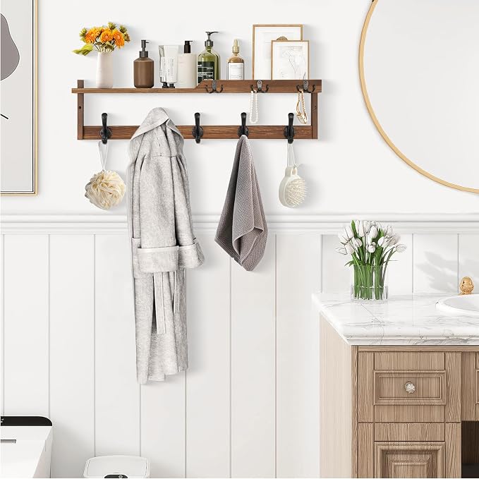 29'' Coat Rack Wall Mount with Shelf, Coat Hanger Wall Mount with Key Hooks and - Image 4