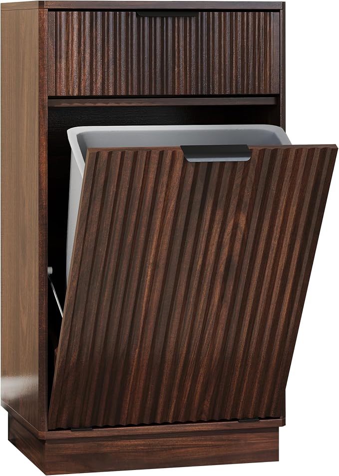 Tilt-Out Trash Cabinet with 10-Gallon Capacity, Walnut Laundry Hamper Cabinet by Unknown