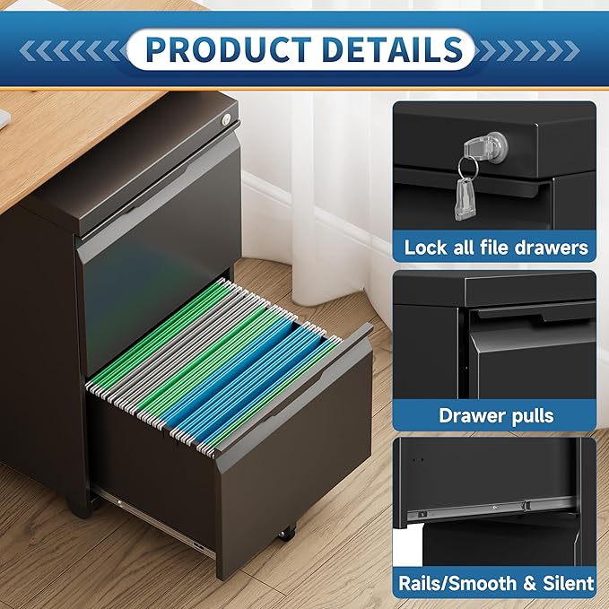 2 Drawer File Cabinet with Lock, Rolling Vertical File Cabinets - Image 5