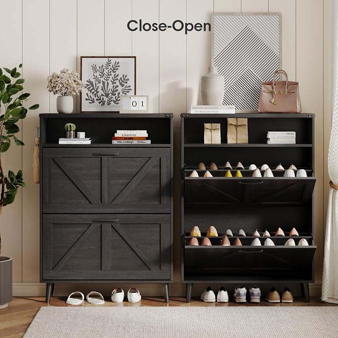 Shoe Cabinet with 2 Flip Drawers & Open Storage, Farmhouse Shoe Storage Cabinet - Image 6