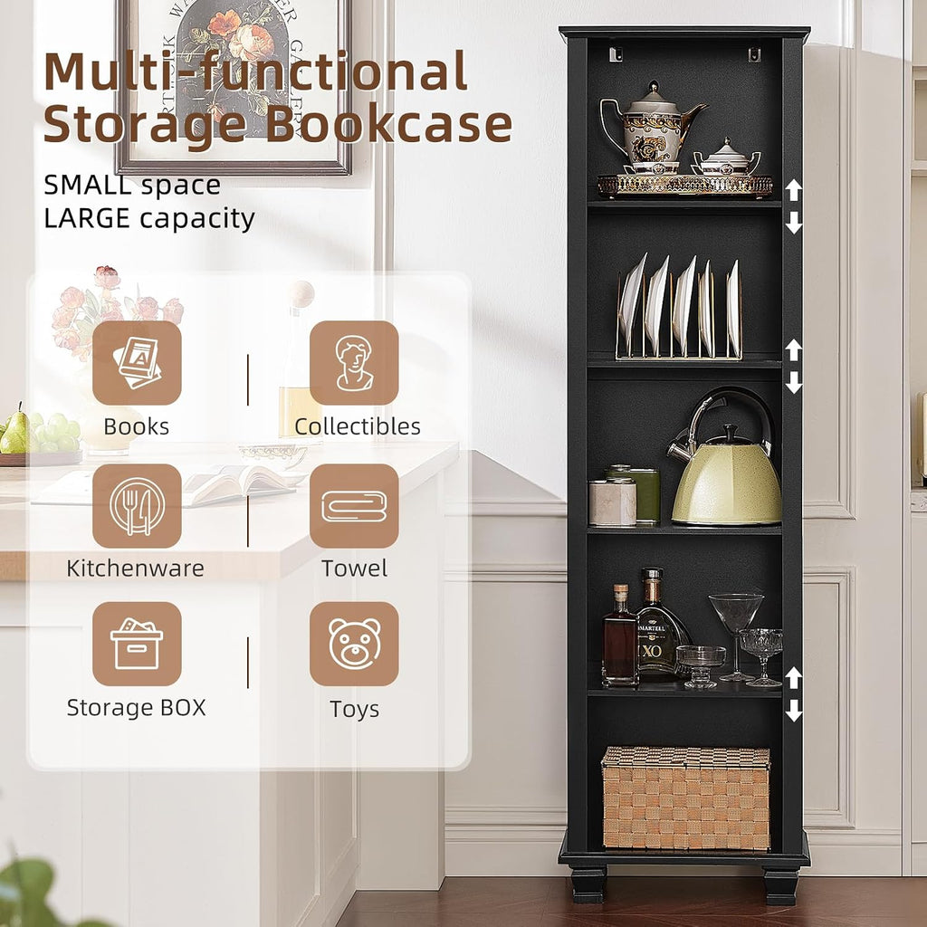 Narrow Black Book Shelf, 70" Tall Skinny Bookshelf with Adjustable