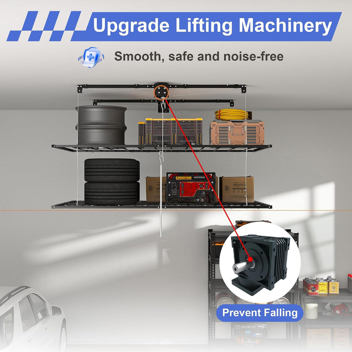 4x8FT Double-Layer Overhead Garage Storage Rack for High Ceilings