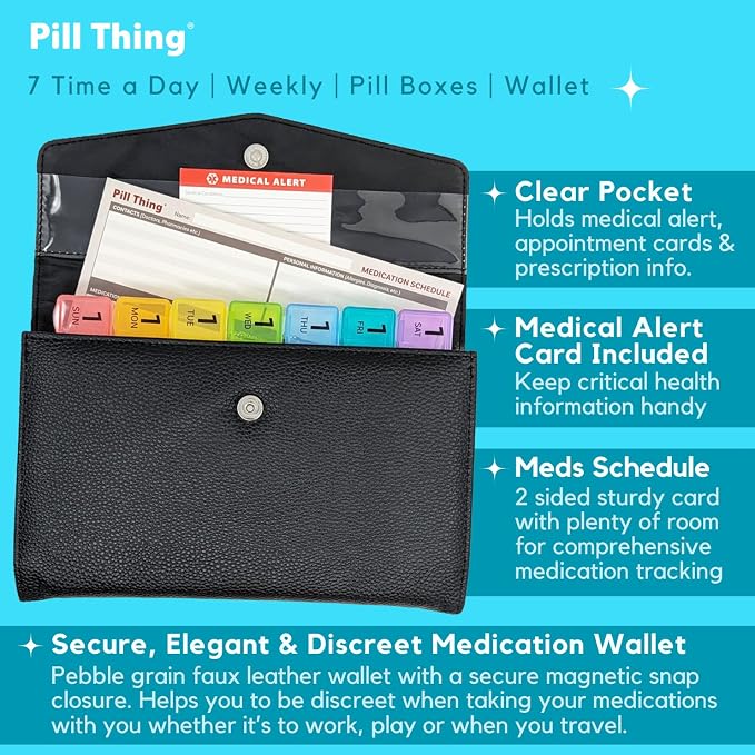 Weekly Pill Organizer Case, 7 Compartments, Pebble Grain Faux Leather, Magnetic - Image 4