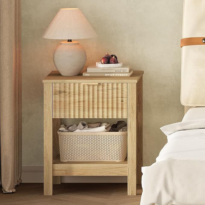 Fluted Night Stand with Golden Handle, Mid-Century Nightstands with Drawer - Image 6