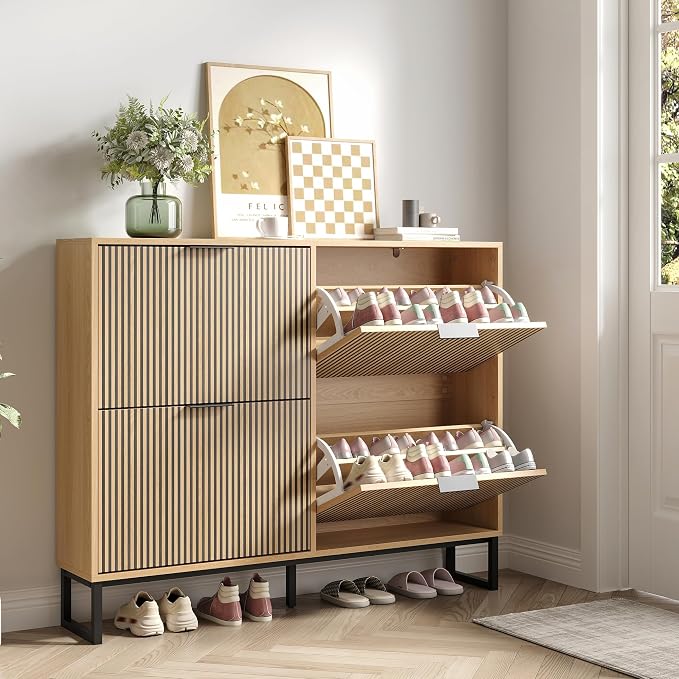 Shoe Cabinet with 4 Flip Drawers, Narrow Wood Shoe Cabinet Storage - Image 8
