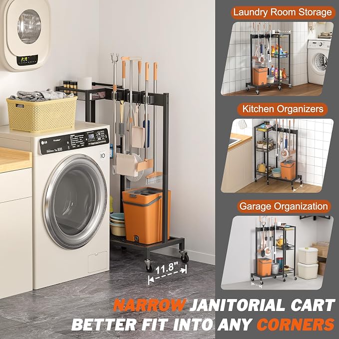 Broom Holder with Cleaning Supplies Organizer, Broom Closet Storage Cabinet - Image 3