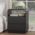 Black Nightstand with Charging Station, Mid Century Modern Bedside Table & End by WODEER