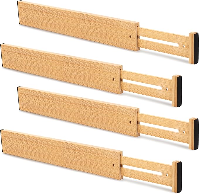 Bamboo Drawer Divider Set of 4, Adjustable Spring-Loaded Drawer Organizer by NCUE