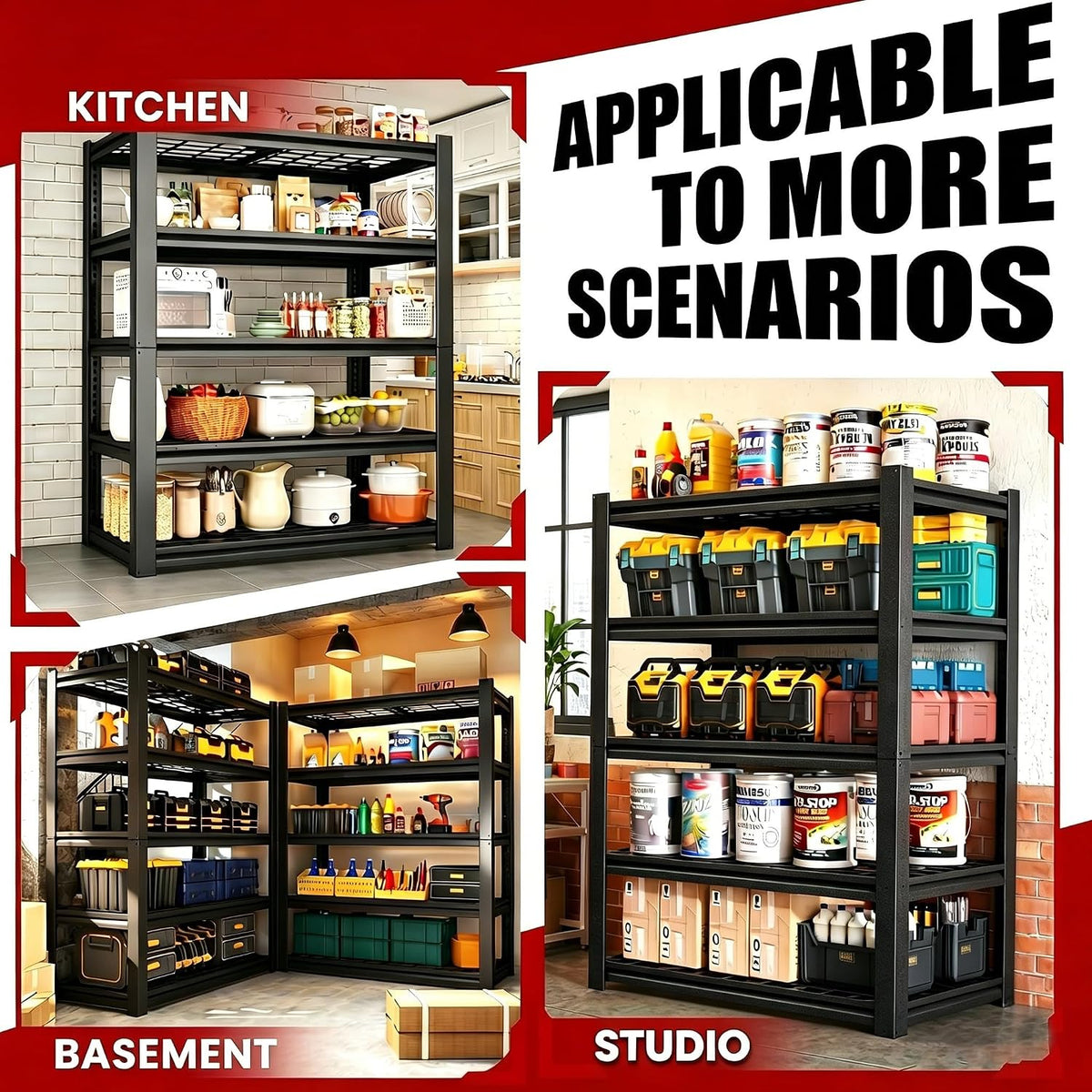 72" H Heavy Duty Garage Shelving, Metal Storage Shelves, 5 Tier