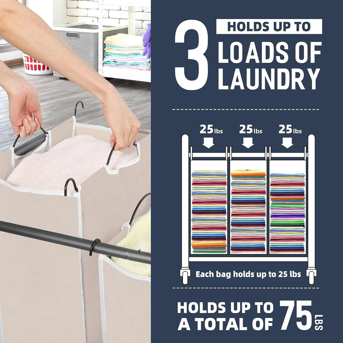 Laundry Sorter 3 Section, 3 Bag Clothes Hamper, Rolling Laundry Cart