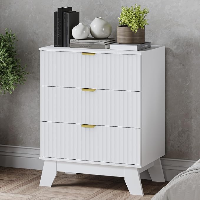 Fluted 3 Drawer Dresser, 30.3" Tall Compact Modern Boho Chest of Drawers by BORNOON